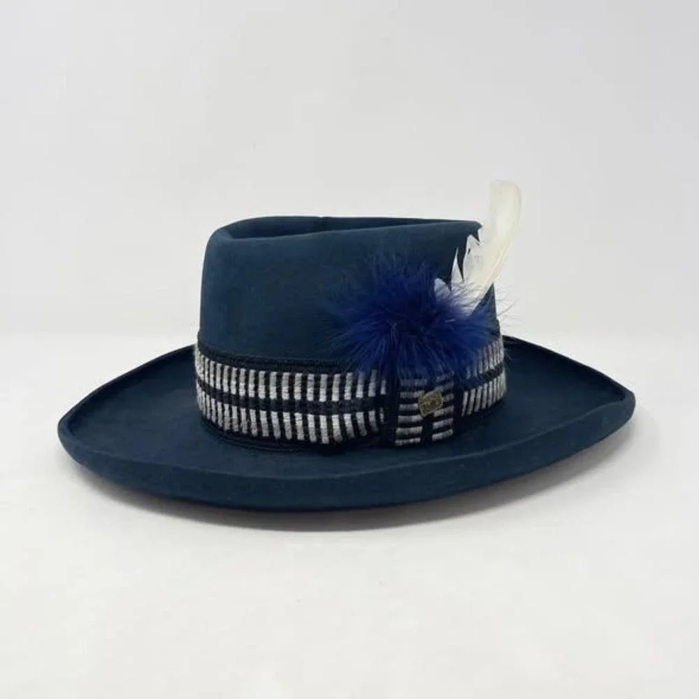 Bailey New West Gambler Cowboy Hat Navy Blue Wool Felt Feathers Curled Brim S